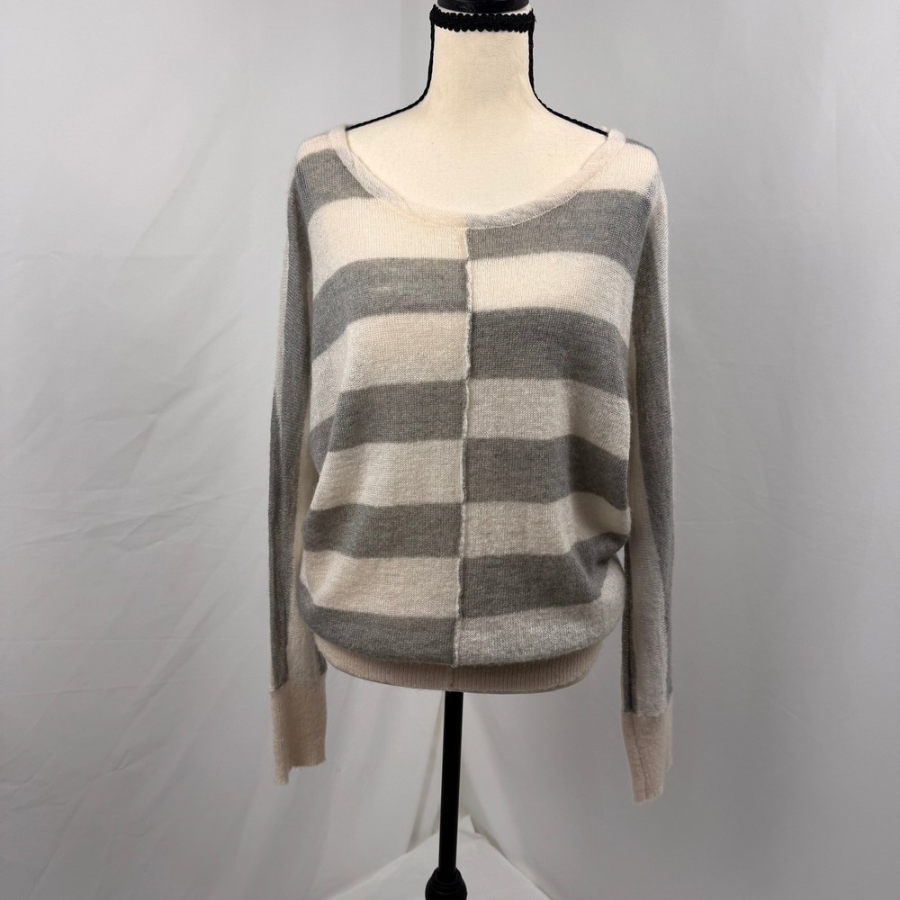 Calvin Klein Sweater Women Medium Gray Cream Mohair Wool Striped Seam